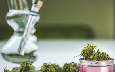 Bong and cannabis buds on a table, highlighting cleaning and maintenance of cannabis accessories in spring.